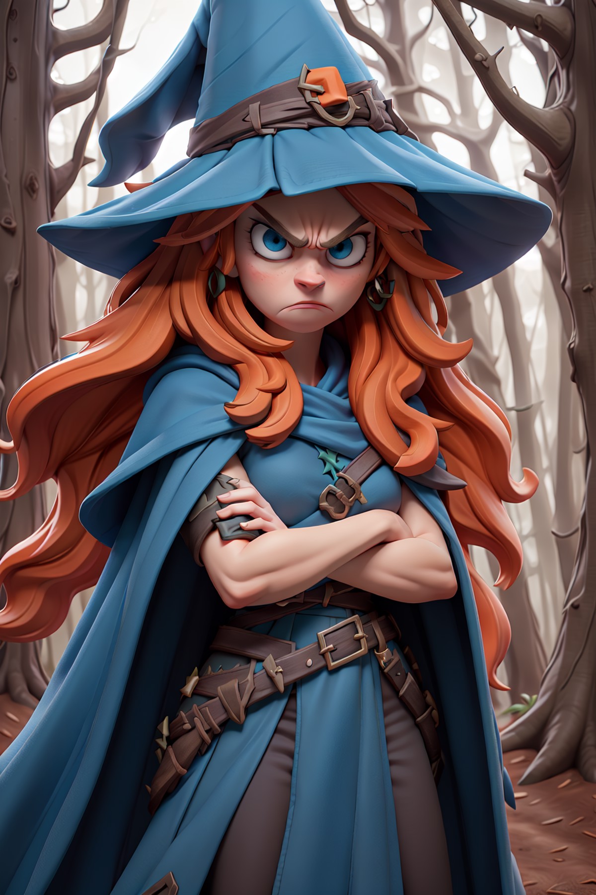 masterpiece, best quality, angry female witch in the forest  with arms crossed wearing a blue pointy hat and orange hair a...